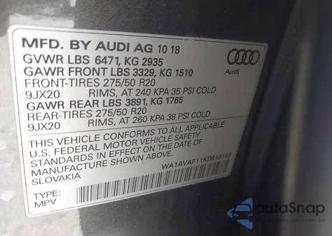 2019 Audi Q8 Premium z USA, uszkodzony, nr VIN WA1AVAF11KD010103